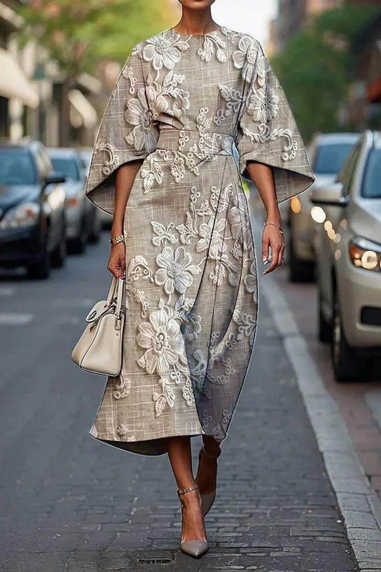 Women's Vintage Elegant Lace Floral Print Midi Dress