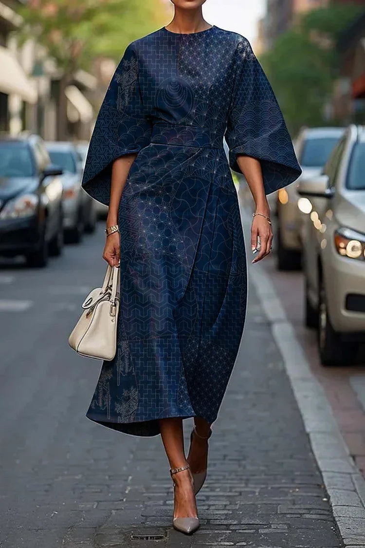 Vrouwen Vintage Elegante Sashiko Gedrukte Midi Jurk