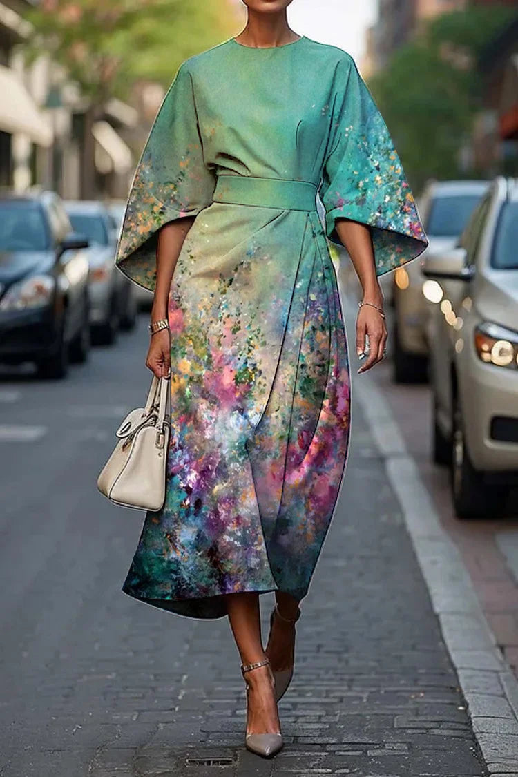 Vrouwen Vintage Elegante Kunst Bloemenprint Midi Jurk