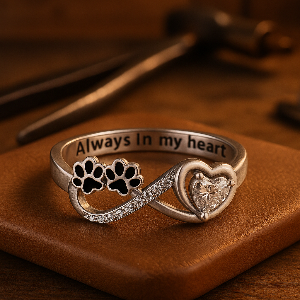 Ring mit Zirkonia in Form eines Pfötchens mit einem Design in Form eines Herzens und Unendlichkeit