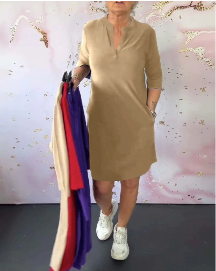 Hanneke™ - Einfarbiges Kleid mit V-Ausschnitt