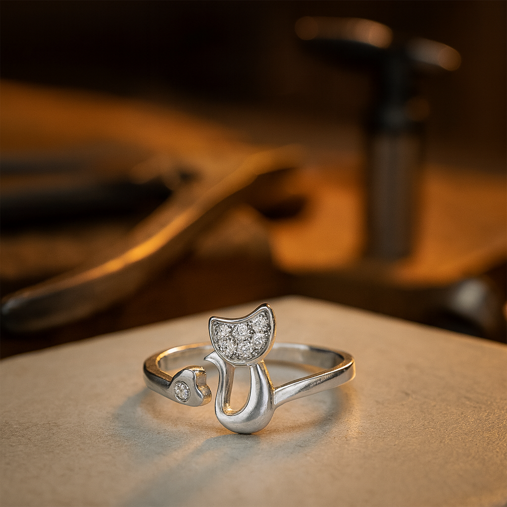Offener Ring in Katzenform – Zirkonia