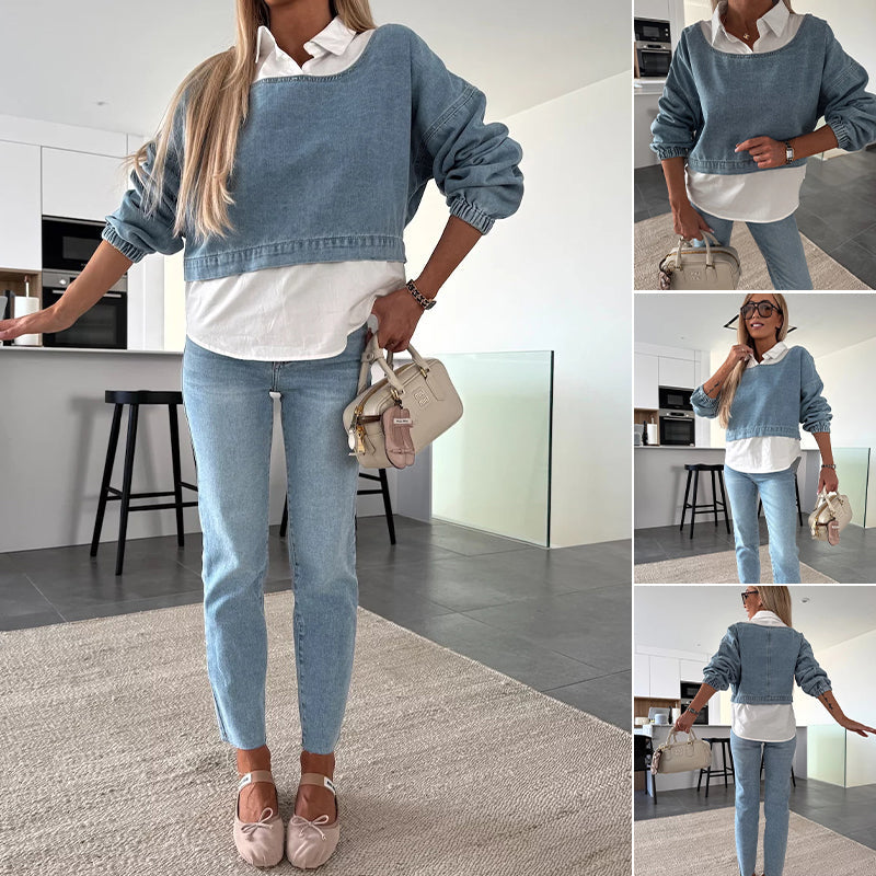 Modische zweiteilige Set bestehend aus einer langärmeligen Jeansbluse und einer Hose für Frauen