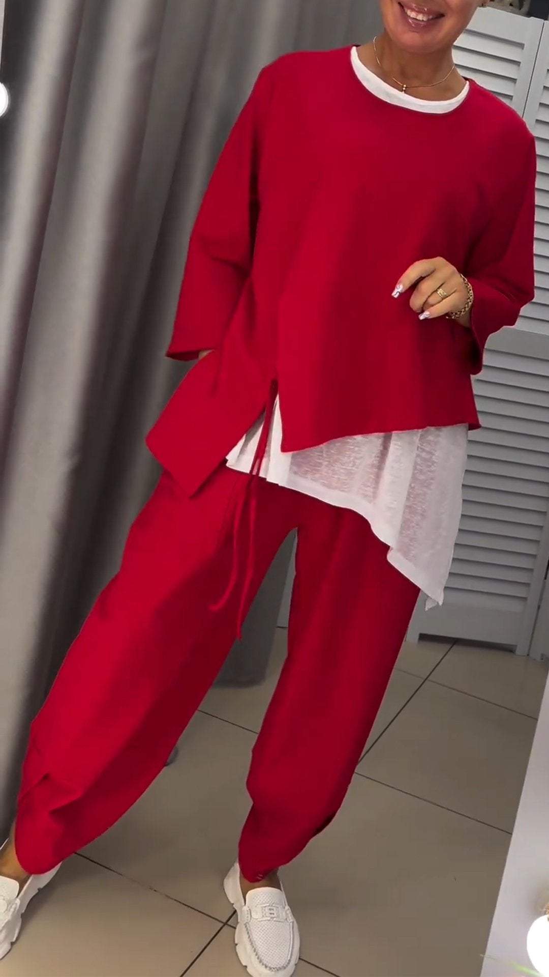 Damen Runder Hals Zweiteiliges Top und Hose Set