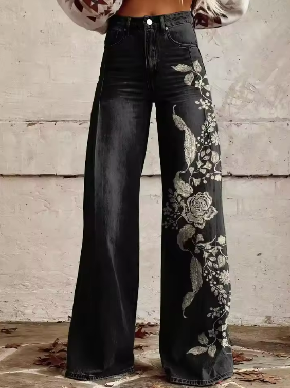 ECSLISSI | Vintage Schwarze Blumen Chice Hose