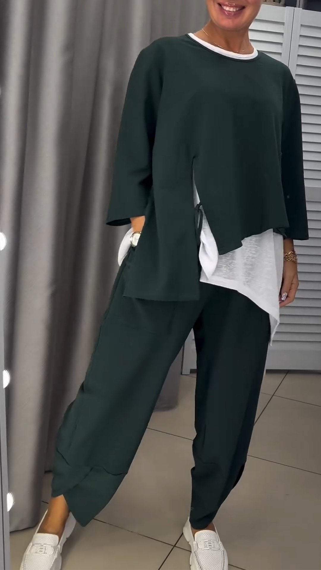 Damen Runder Hals Zweiteiliges Top und Hose Set