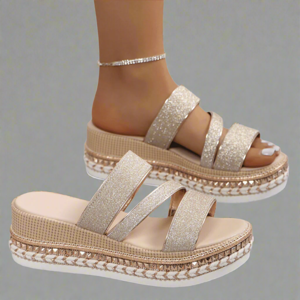 VANESSA | Glitzer Wedge Sandalen mit Glamour-Design für den Sommer