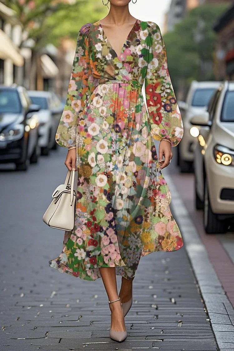 Elegante Bloemenprint Lantern Mouw V-Hals A-Lijn Midi Chiffon Jurk