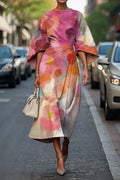 Dames Vintage Elegante Bloemenprint Midi Jurk
