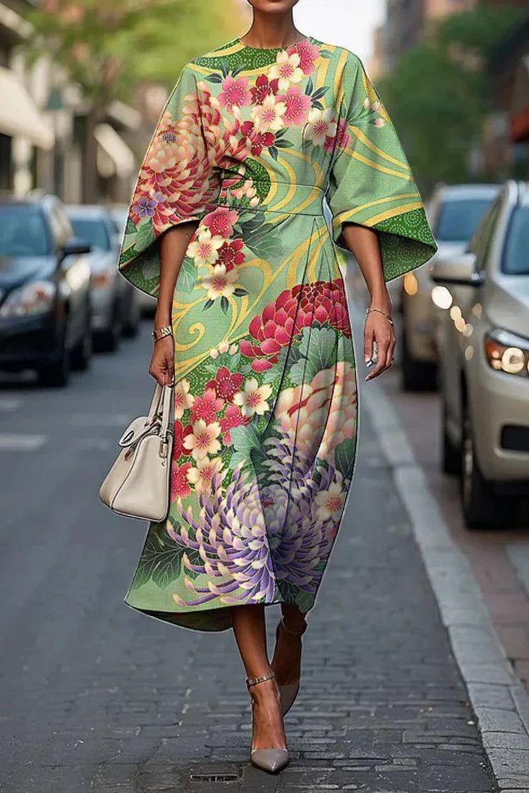 Dames Elegante Japanse Kunstprint Midi Jurk