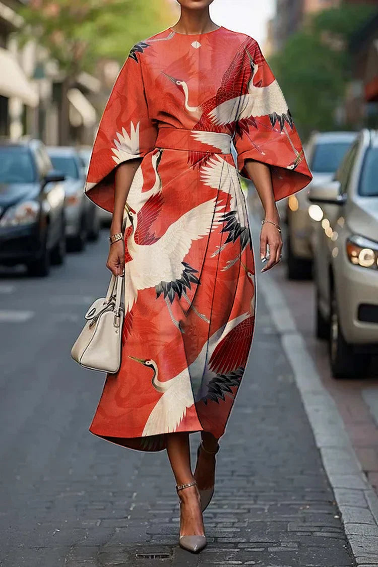 Vrouwen Vintage Elegante Japanse Kraanvogel Print Midi Jurk