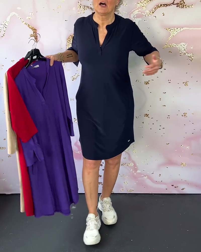 Hanneke™ - Einfarbiges Kleid mit V-Ausschnitt