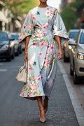 Dames Vintage Elegante Japanse Sakura Kraanvogel Print Midi Jurk
