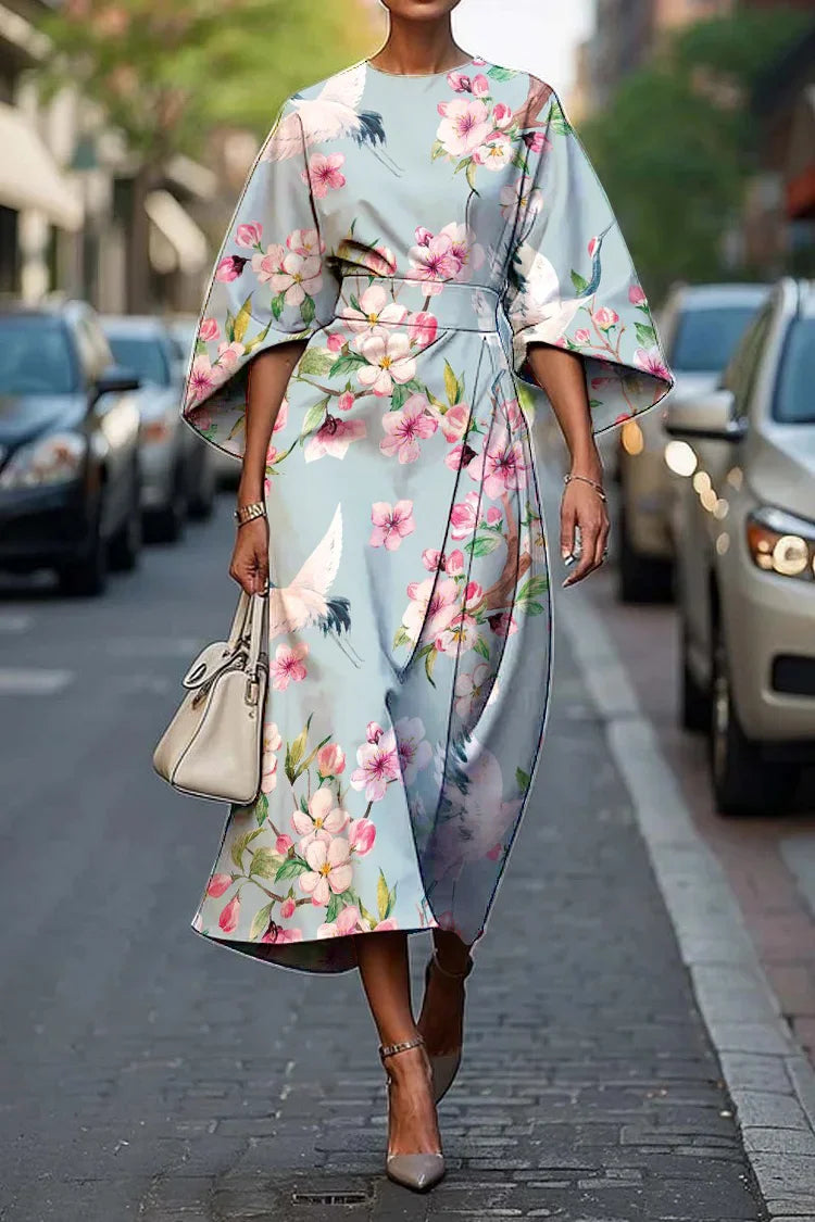Dames Vintage Elegante Japanse Sakura Kraanvogel Print Midi Jurk