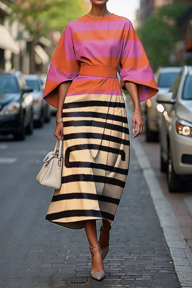 Vrouwen Elegante Abstracte Kunstafdruk Midi Jurk