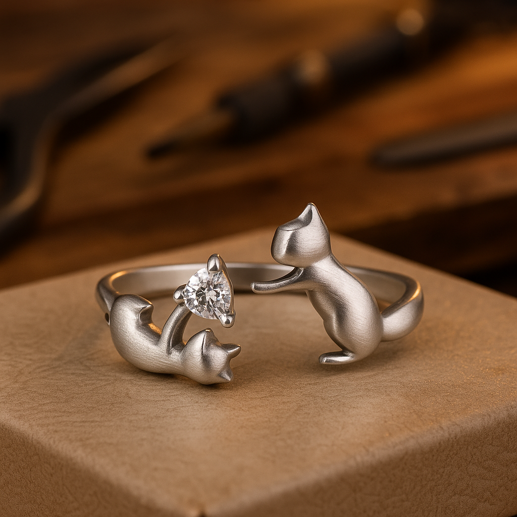 Verstellbarer Ring aus Sterlingsilber mit verspielter Katze und Zirkonia