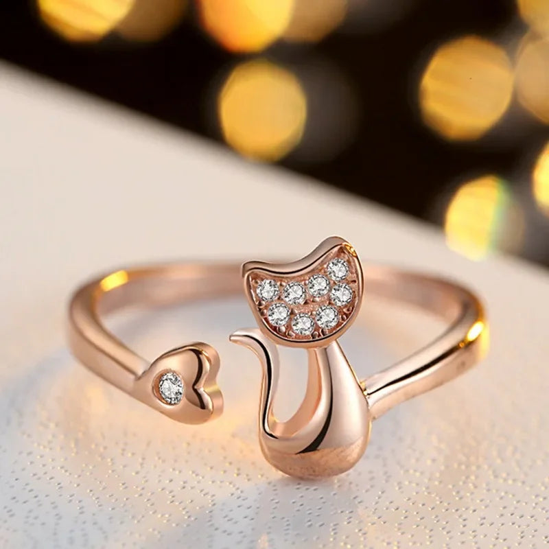 Offener Ring in Katzenform – Zirkonia