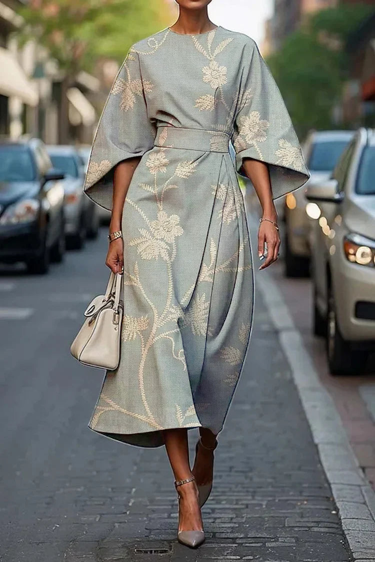 Dames Vintage Elegante Bloemenprint Midi Jurk