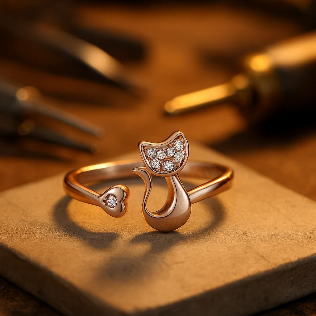 Offener Ring mit süßer Katze – Zirkonia