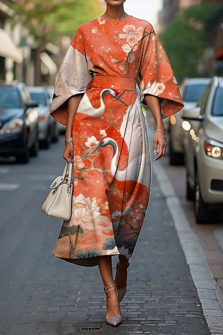 Dames Vintage Elegante Japanse Kraanvogel Print Midi Jurk