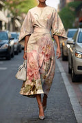Dames Vintage Elegante Bloemenprint Midi Jurk