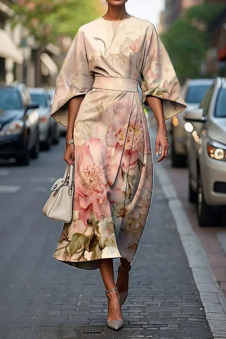 Dames Vintage Elegante Bloemenprint Midi Jurk