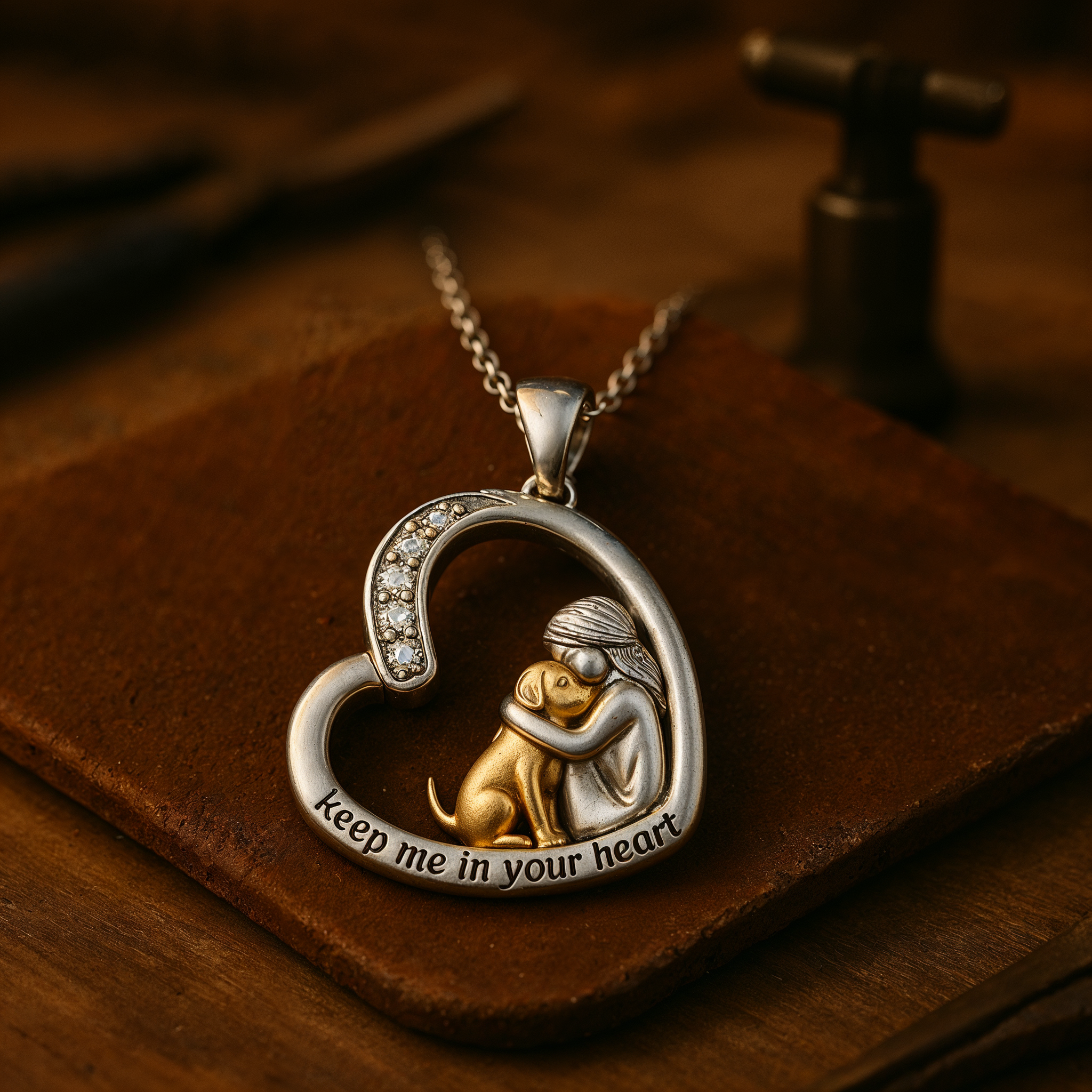 Halskette mit Herz aus Silber mit Hund und Zirkonia-Steinen