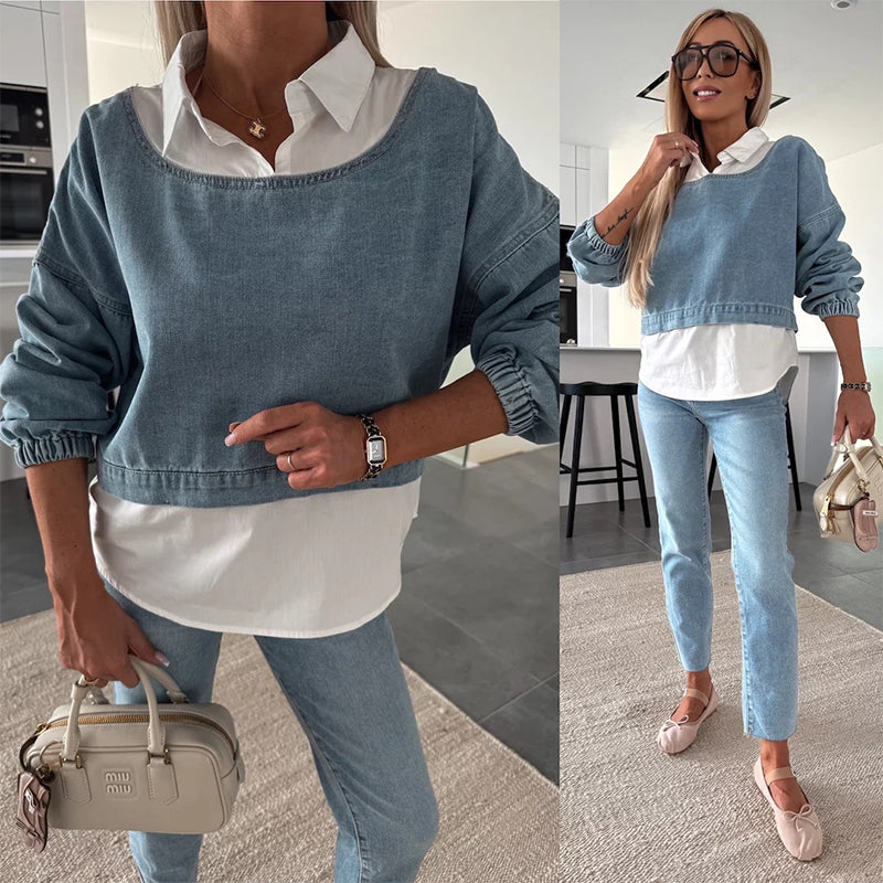 Modische zweiteilige Set bestehend aus einer langärmeligen Jeansbluse und einer Hose für Frauen